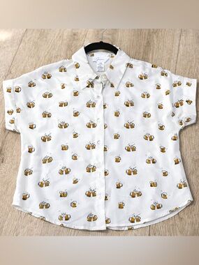 Beer Print Button Up Shirt XS White Rayon Festival Graphic Top